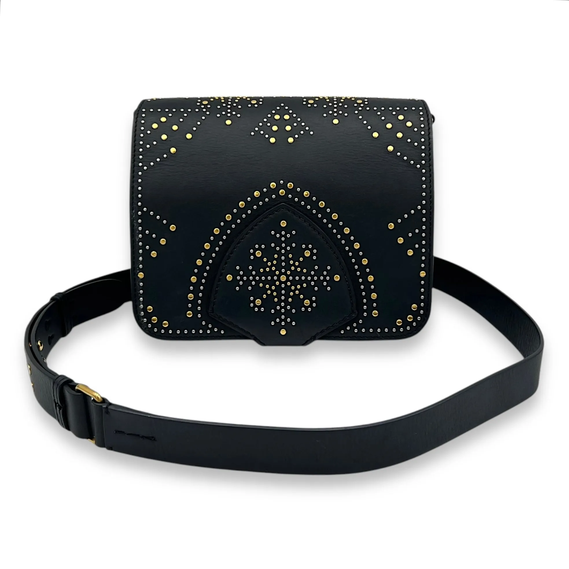 Birdie Studded Black Crossbody Bag in Calfskin, Mixed hardware