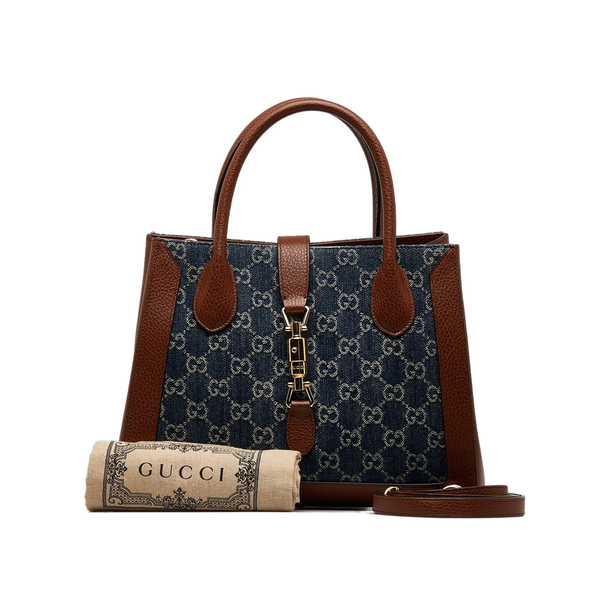 Blue Gucci Medium GG Denim Jackie 1961 Tote Satchel
