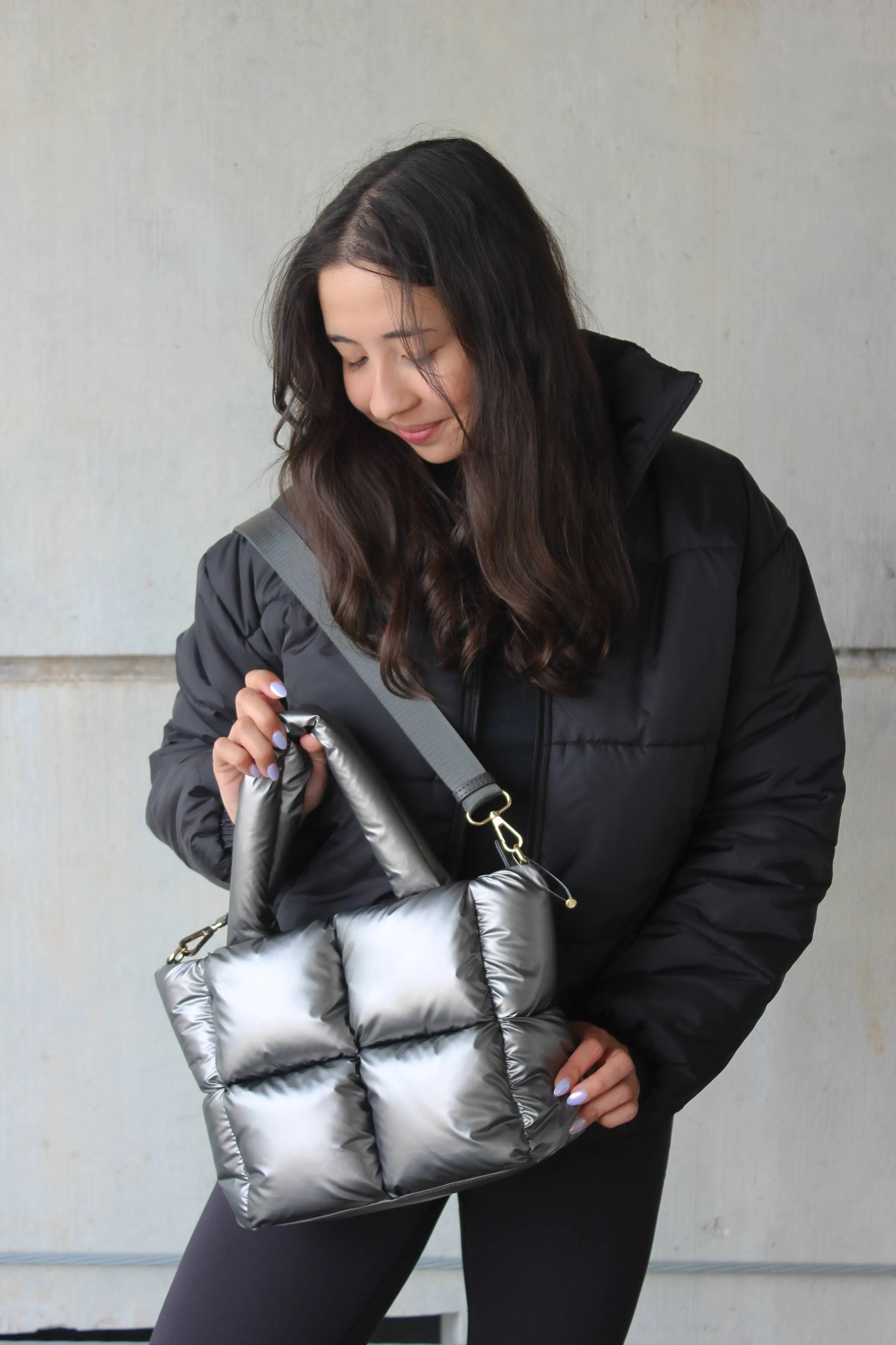 Brittany Small Nylon Puffer Tote/Satchel: Hunter Green