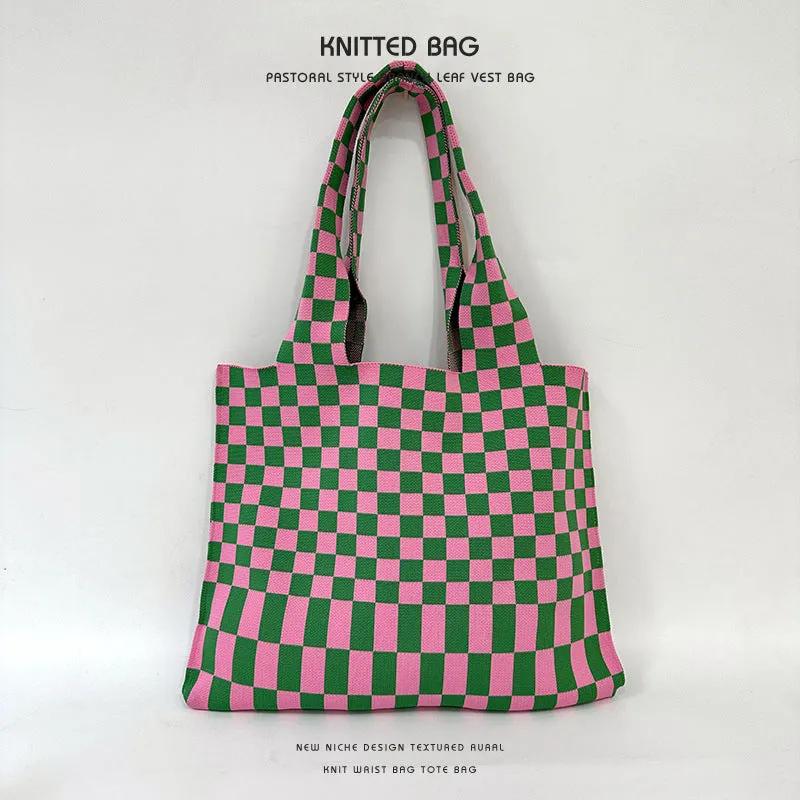 Checkerboard knitted tote bag