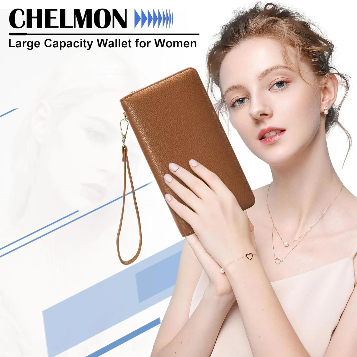Chelmon Women's Vegan Leather Clutch Wallet with Zip, Hand Strap, Large Capacity