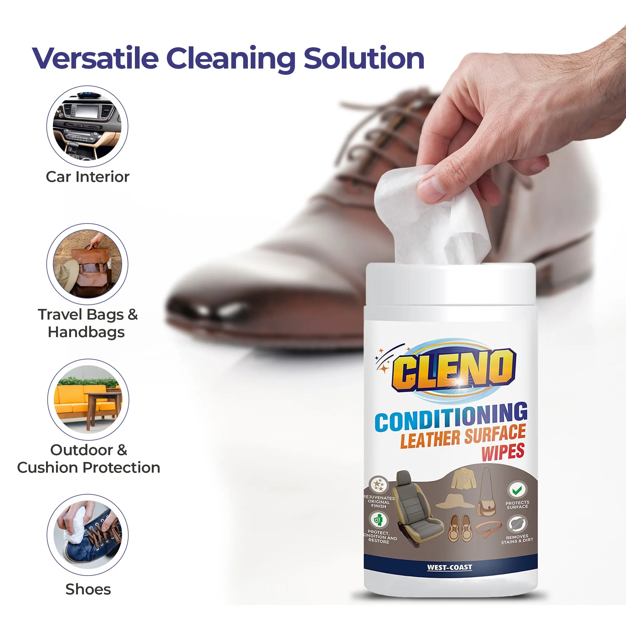 Cleno Conditioning Leather Surface Wet Wipes For Sofas/Bags/Leather Clothes/Car Seat/leather Interior/Luggage/Briefcases/Shoes/Handbags Restores polish & Gives Shine - 50 Wipes (Ready to Use)