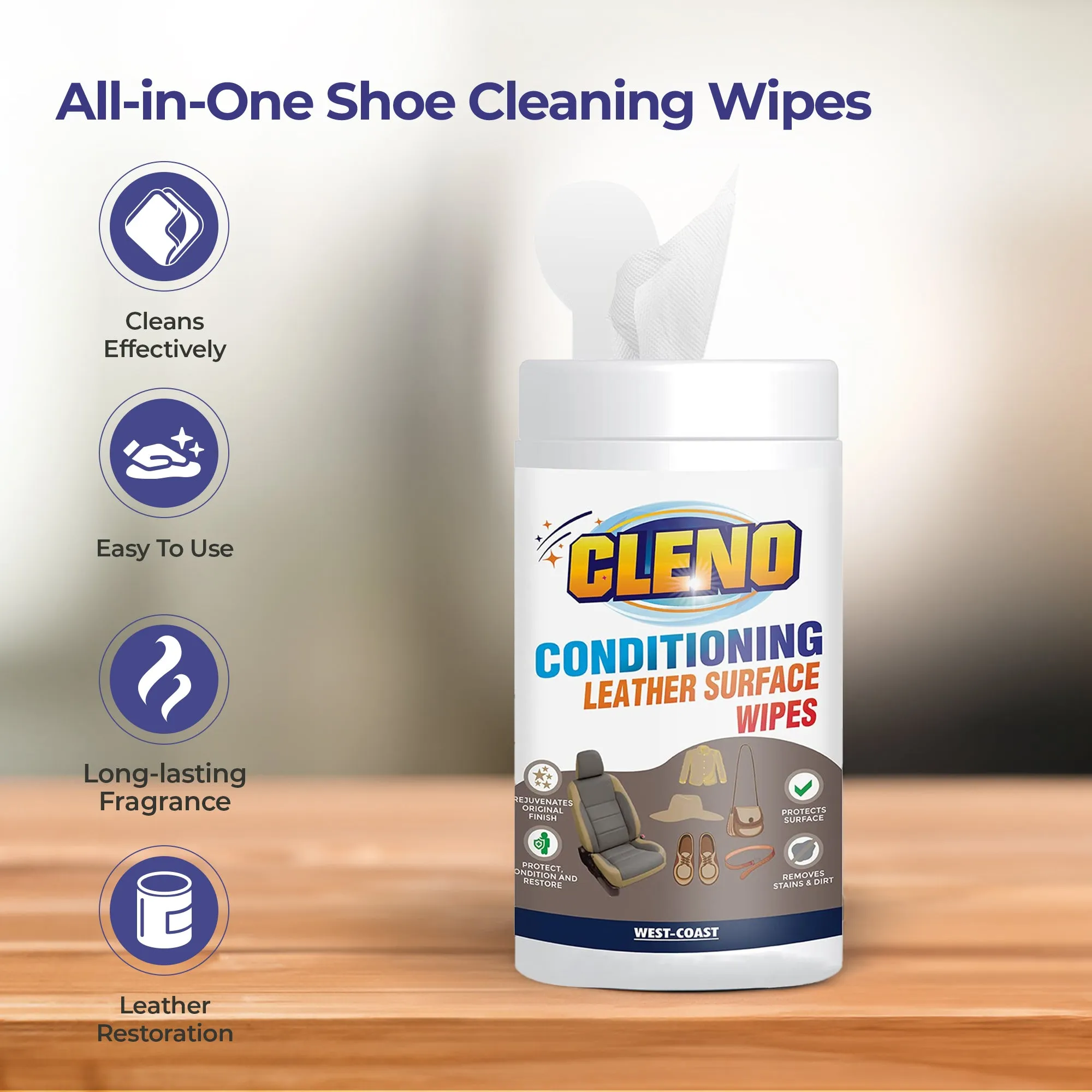 Cleno Conditioning Leather Surface Wet Wipes For Sofas/Bags/Leather Clothes/Car Seat/leather Interior/Luggage/Briefcases/Shoes/Handbags Restores polish & Gives Shine - 50 Wipes (Ready to Use)