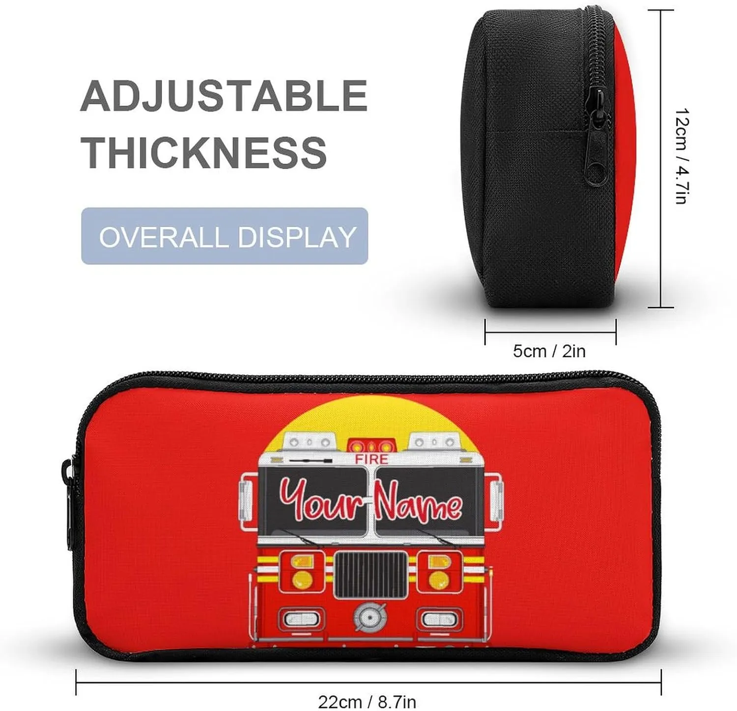 Custom Fire Truck Backpack with Lunch Box & Pencil Case, 16 Inch Cool Fire Truck Themed Bookbag, Adjustable Lightweight Large Capacity, Colorful Cartoon Car Backpack Set for Kids Girls Boys School