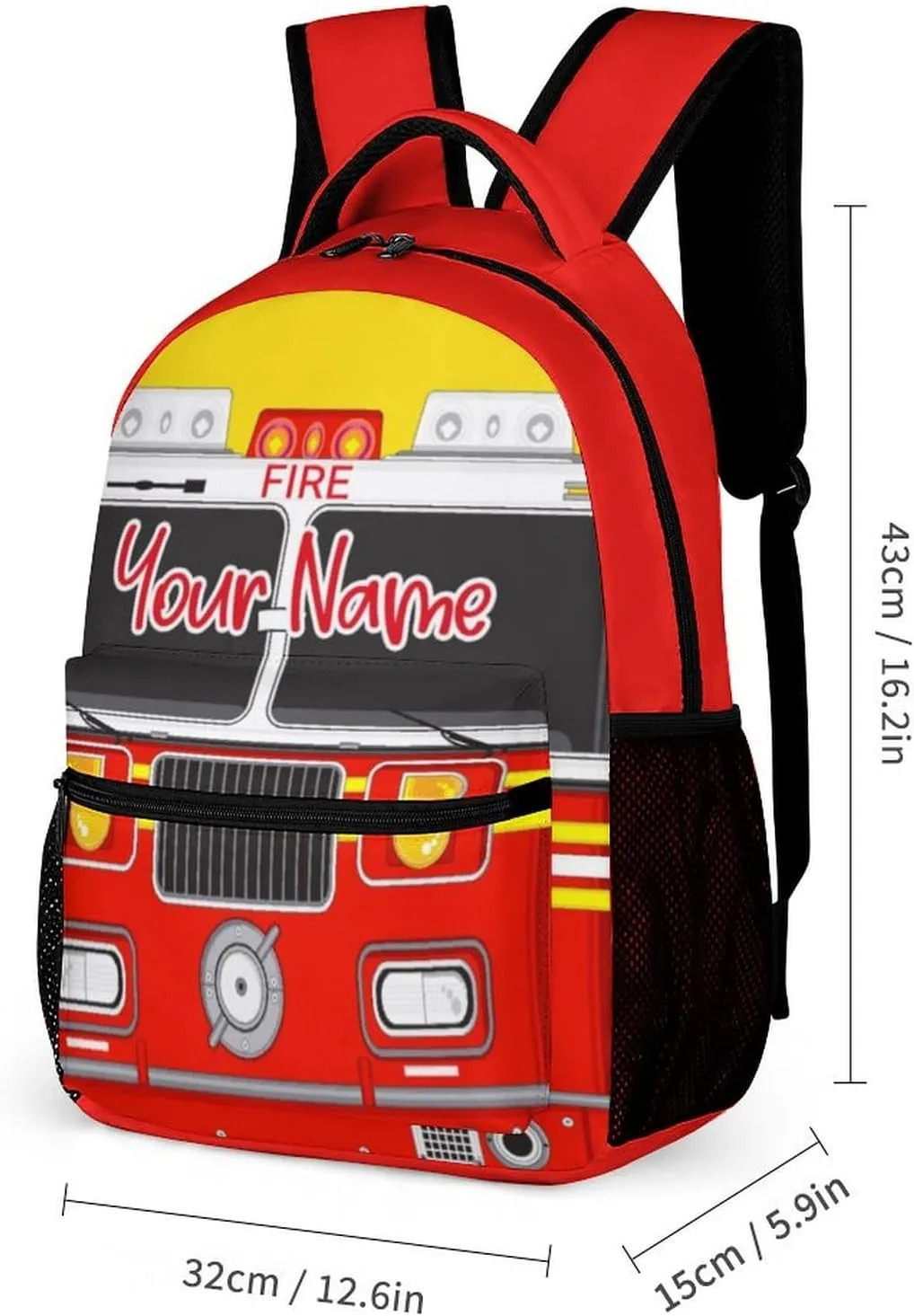 Custom Fire Truck Backpack with Lunch Box & Pencil Case, 16 Inch Cool Fire Truck Themed Bookbag, Adjustable Lightweight Large Capacity, Colorful Cartoon Car Backpack Set for Kids Girls Boys School