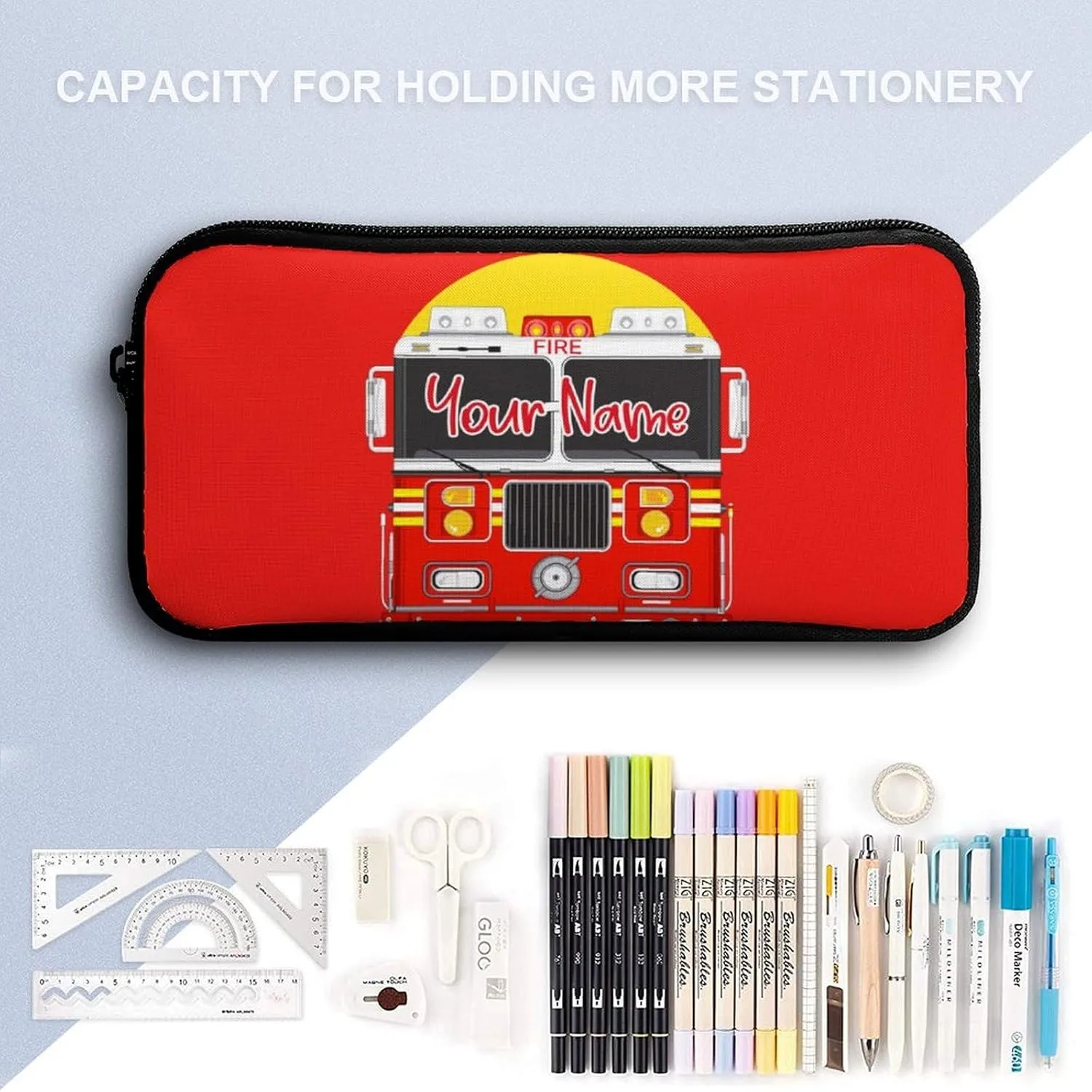 Custom Fire Truck Backpack with Lunch Box & Pencil Case, 16 Inch Cool Fire Truck Themed Bookbag, Adjustable Lightweight Large Capacity, Colorful Cartoon Car Backpack Set for Kids Girls Boys School