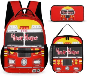 Custom Fire Truck Backpack with Lunch Box & Pencil Case, 16 Inch Cool Fire Truck Themed Bookbag, Adjustable Lightweight Large Capacity, Colorful Cartoon Car Backpack Set for Kids Girls Boys School