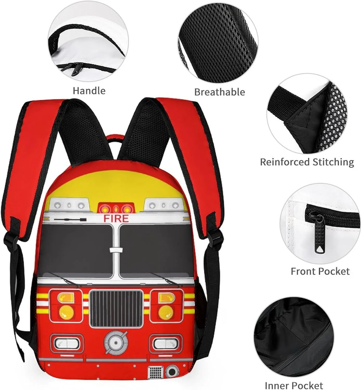 Custom Fire Truck Backpack with Lunch Box & Pencil Case, 16 Inch Cool Fire Truck Themed Bookbag, Adjustable Lightweight Large Capacity, Colorful Cartoon Car Backpack Set for Kids Girls Boys School