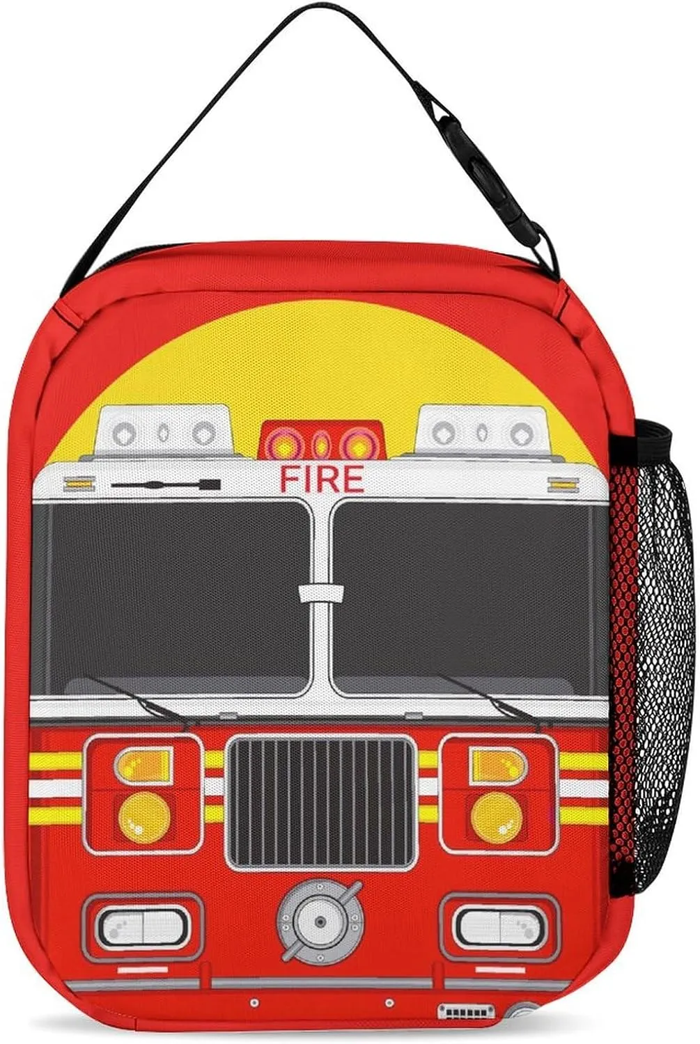 Custom Fire Truck Backpack with Lunch Box & Pencil Case, 16 Inch Cool Fire Truck Themed Bookbag, Adjustable Lightweight Large Capacity, Colorful Cartoon Car Backpack Set for Kids Girls Boys School