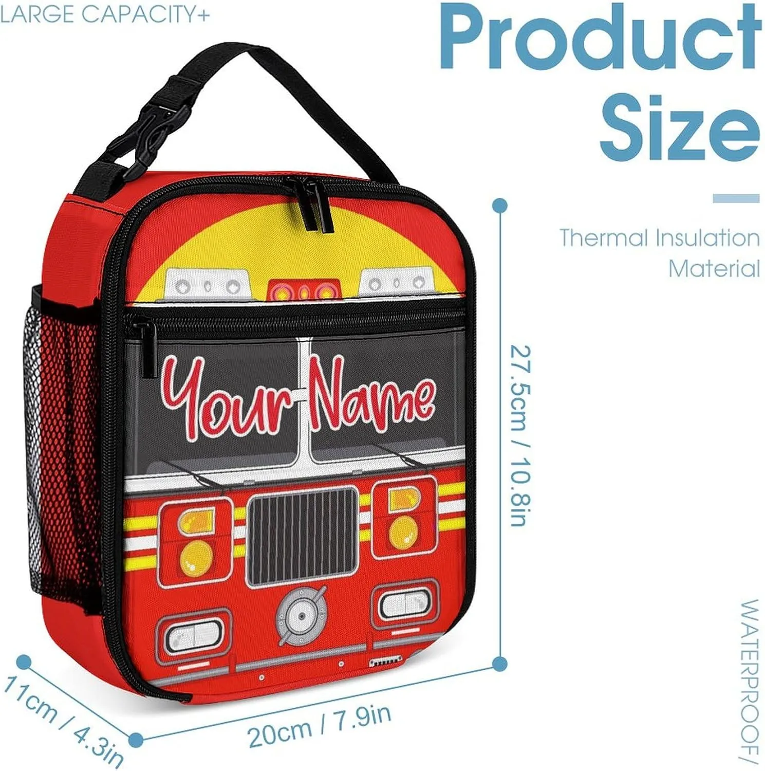 Custom Fire Truck Backpack with Lunch Box & Pencil Case, 16 Inch Cool Fire Truck Themed Bookbag, Adjustable Lightweight Large Capacity, Colorful Cartoon Car Backpack Set for Kids Girls Boys School