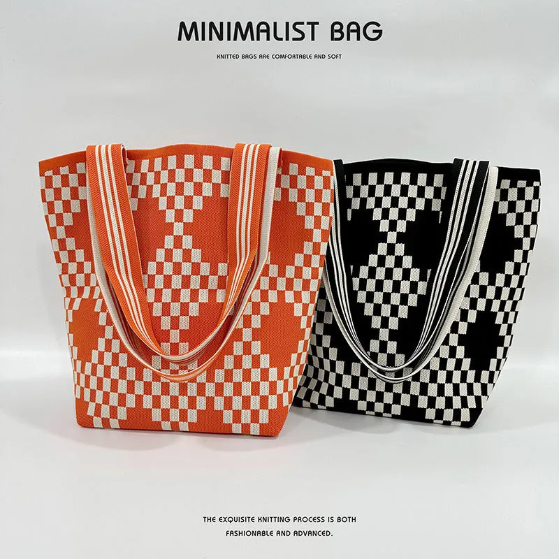 Diamond lattice large capacity shoulder bag handbag knitted bag