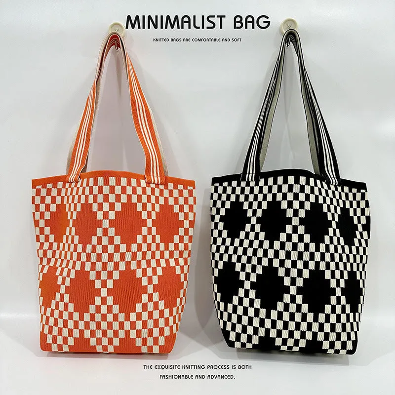 Diamond lattice large capacity shoulder bag handbag knitted bag