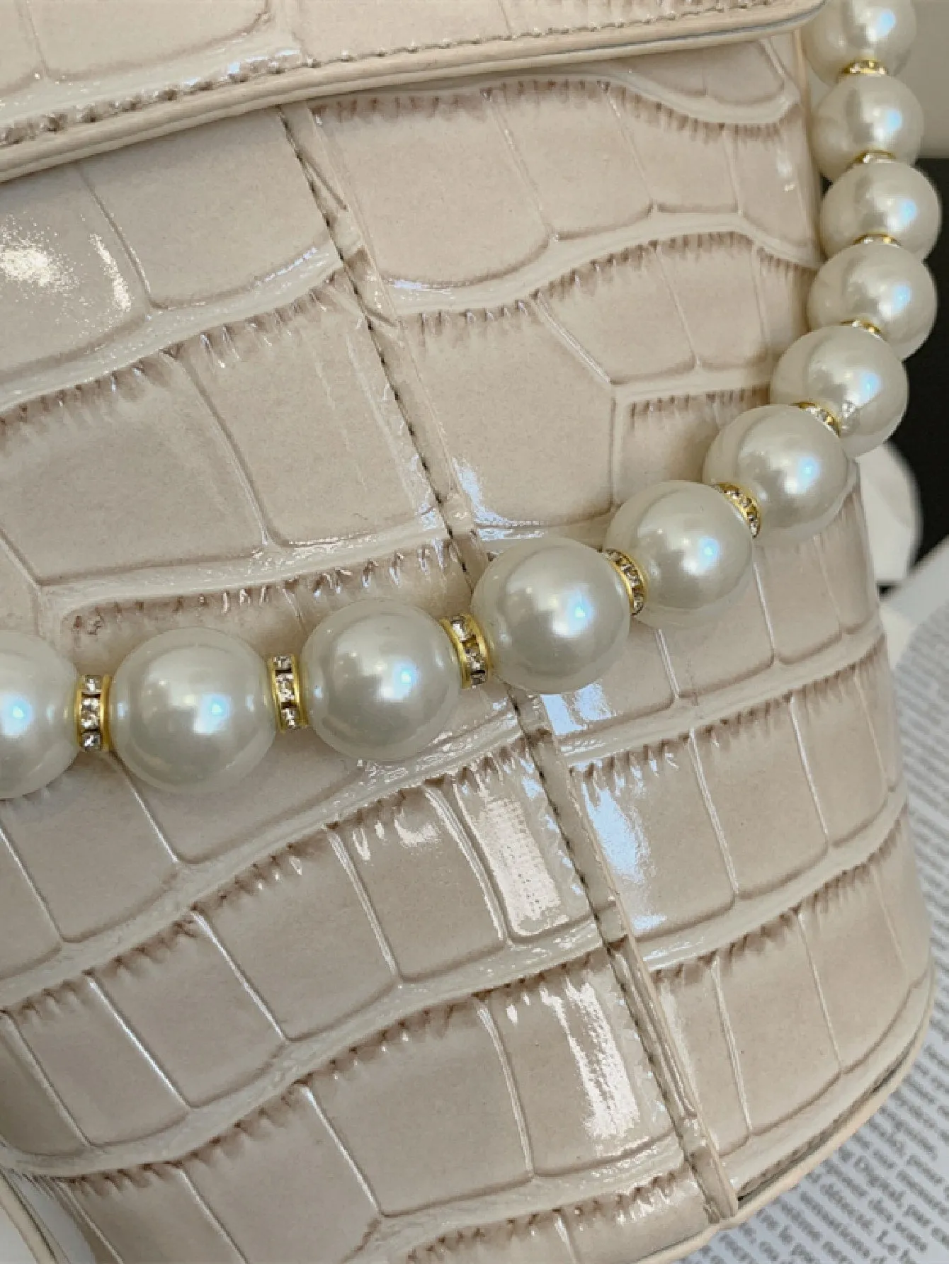 Faux Pearl Decor Croc Embossed Bucket Bag