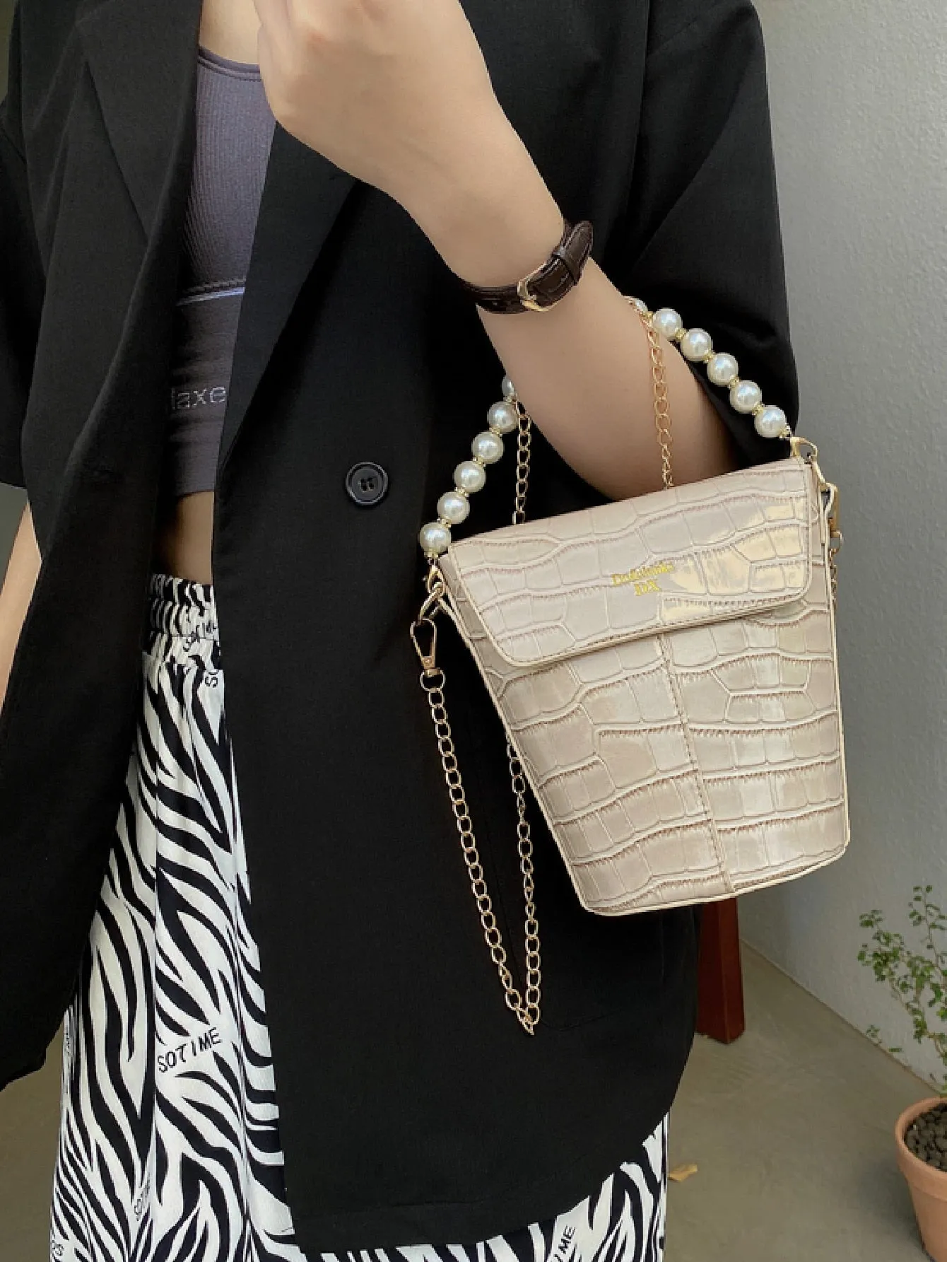 Faux Pearl Decor Croc Embossed Bucket Bag