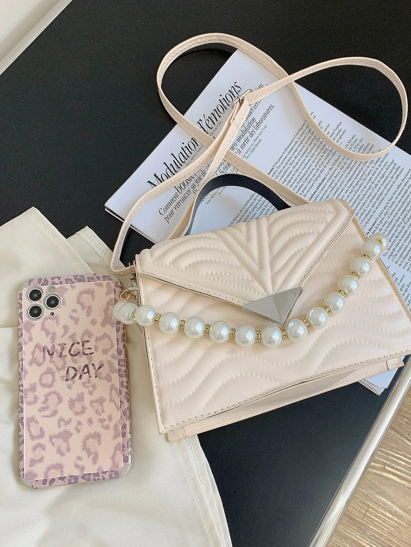 Faux Pearl Decor Quilted Satchel Bag
