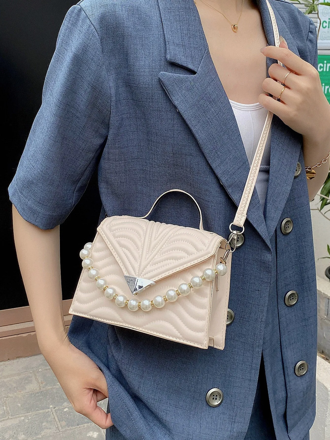 Faux Pearl Decor Quilted Satchel Bag