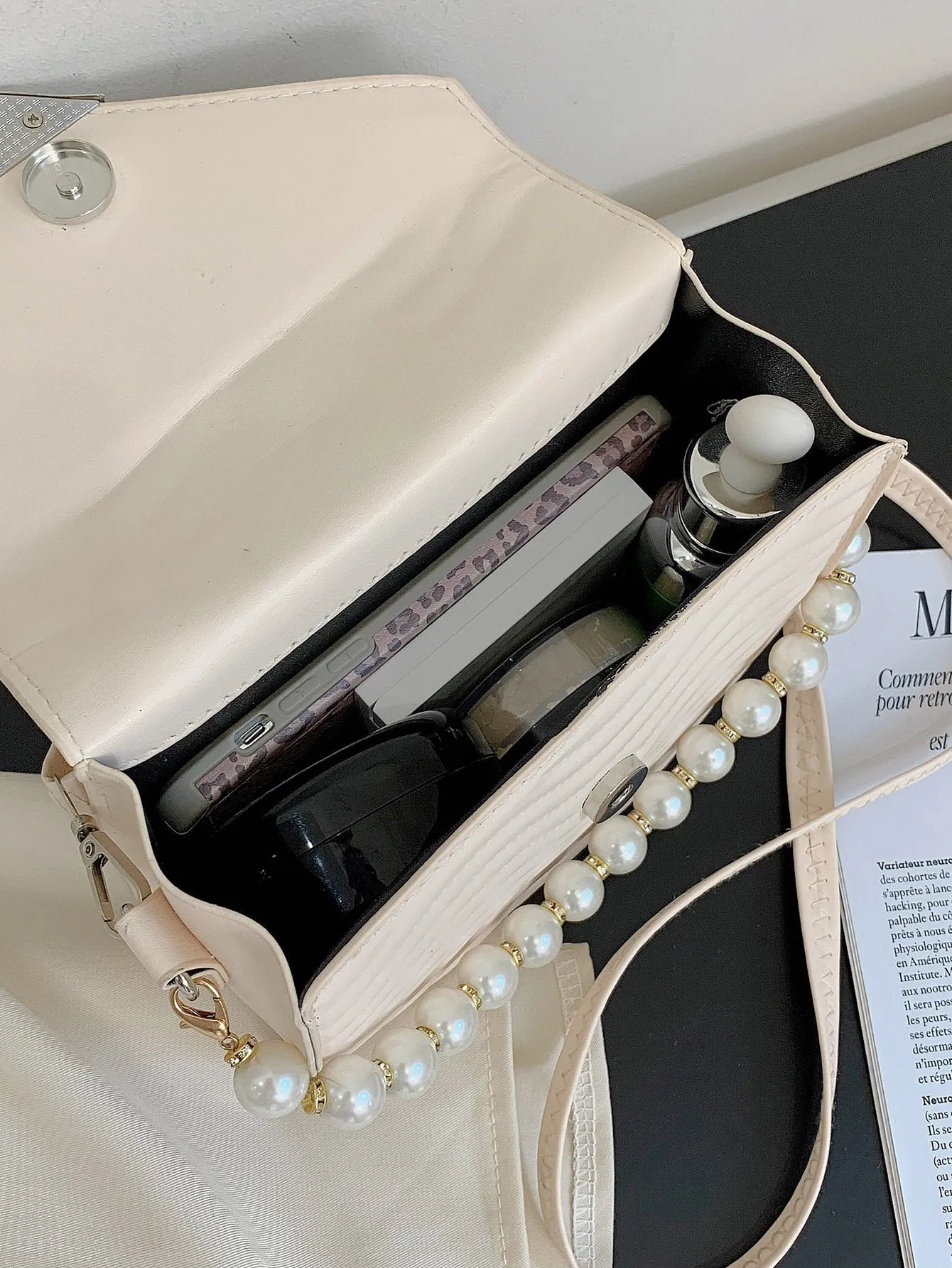Faux Pearl Decor Quilted Satchel Bag