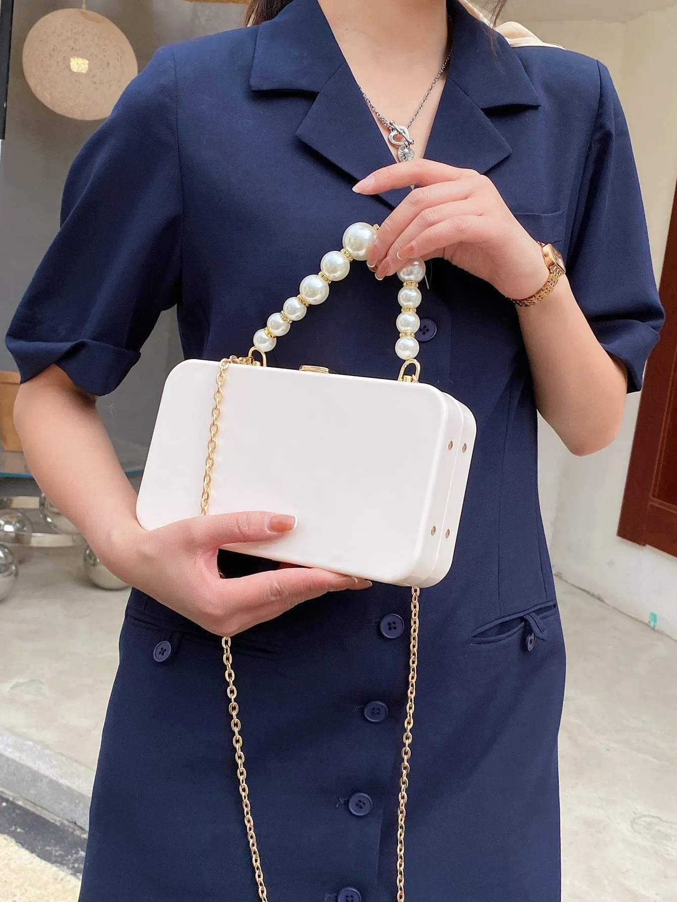 Faux Pearl Handle Chain Box Bag