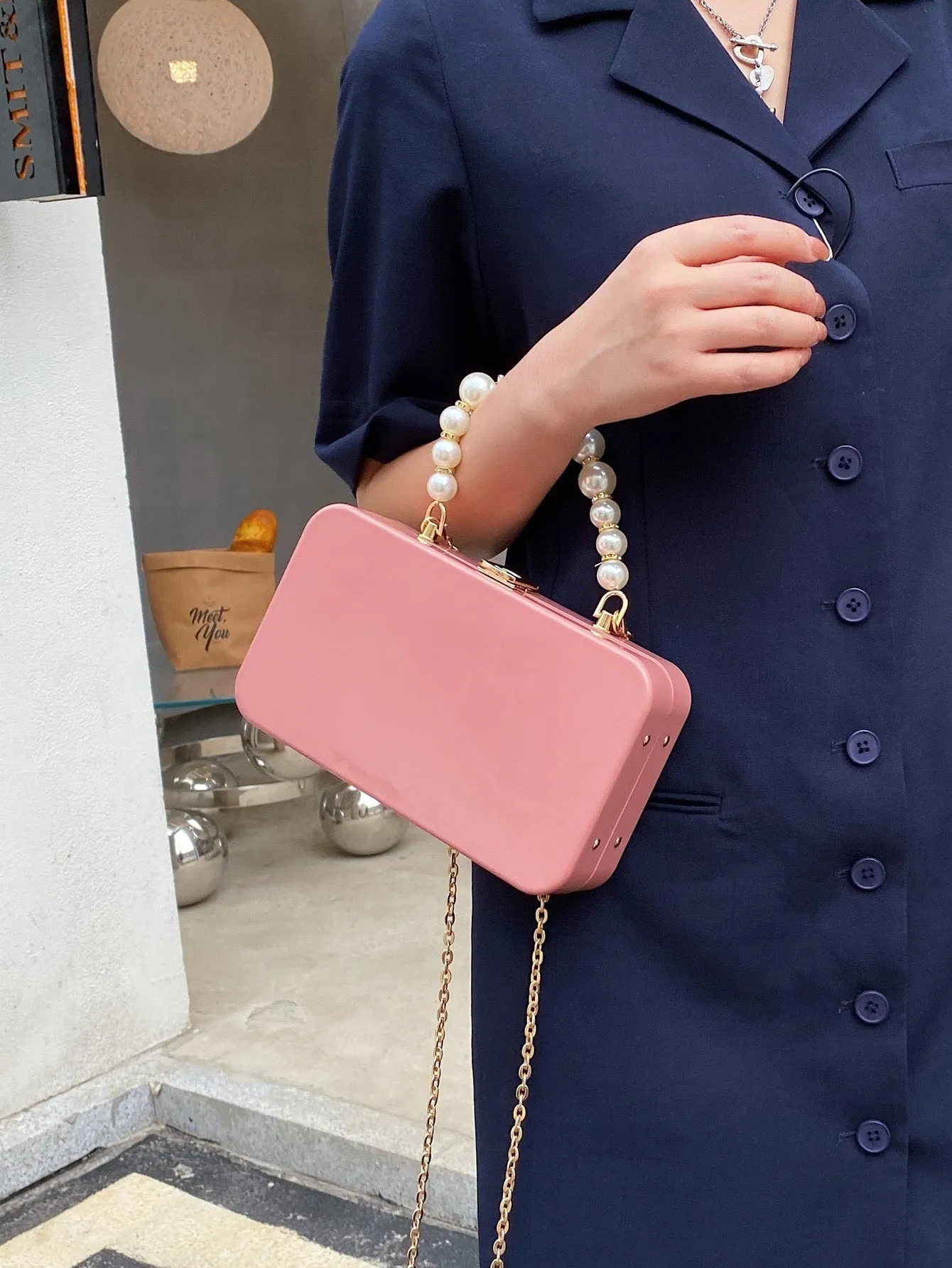 Faux Pearl Handle Chain Box Bag