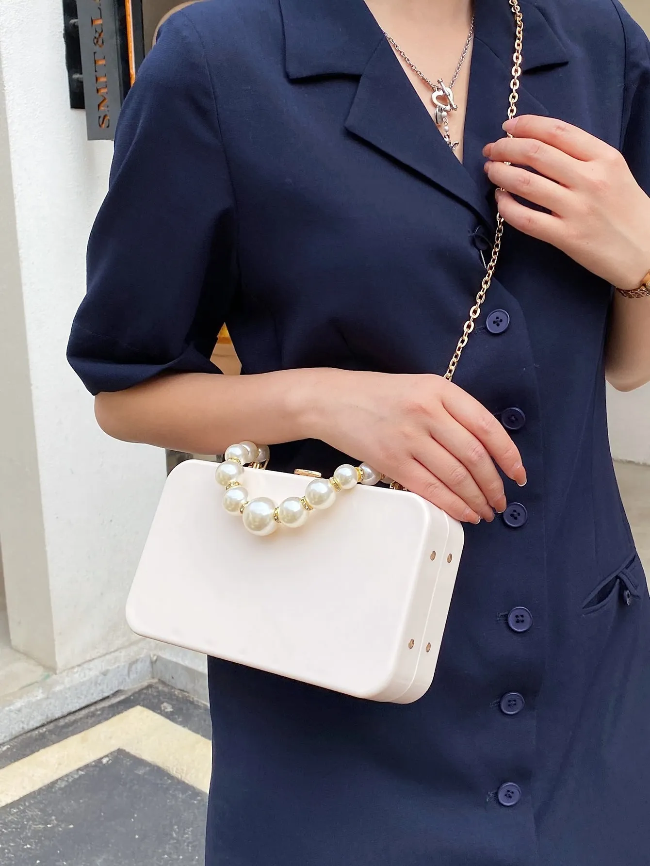 Faux Pearl Handle Chain Box Bag