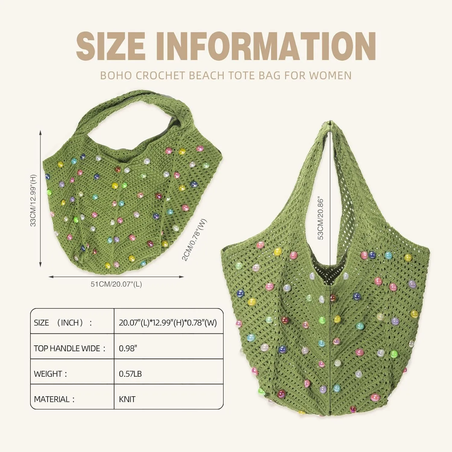Iqimott Boho Crochet Beach Tote Bag for Women, Summer Knit Hobo Bag Shoulder Bag with Colored Beads, Casual Organizer Handbag