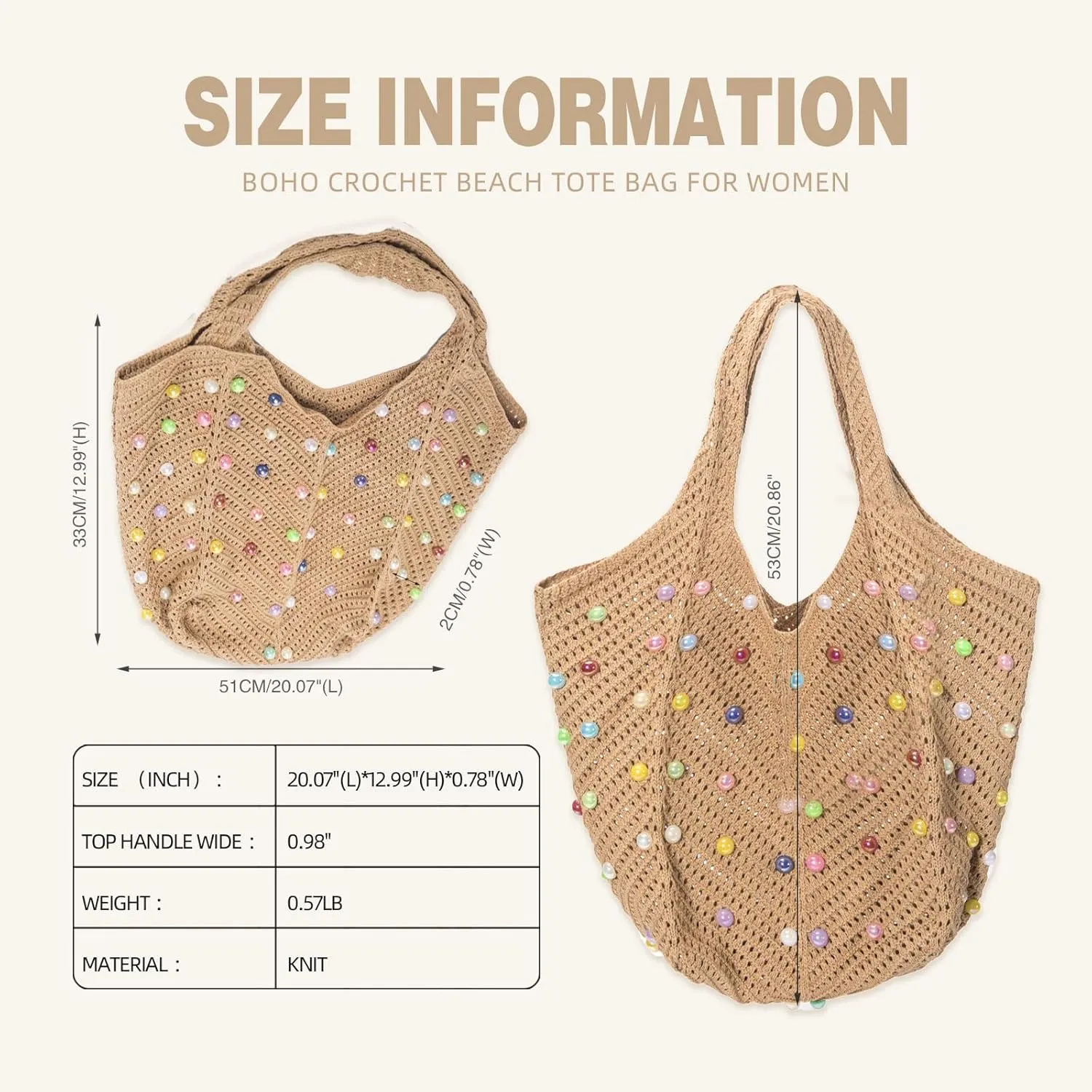Iqimott Boho Crochet Beach Tote Bag for Women, Summer Knit Hobo Bag Shoulder Bag with Colored Beads, Casual Organizer Handbag