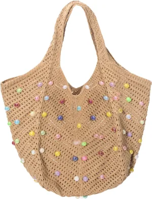 Iqimott Boho Crochet Beach Tote Bag for Women, Summer Knit Hobo Bag Shoulder Bag with Colored Beads, Casual Organizer Handbag