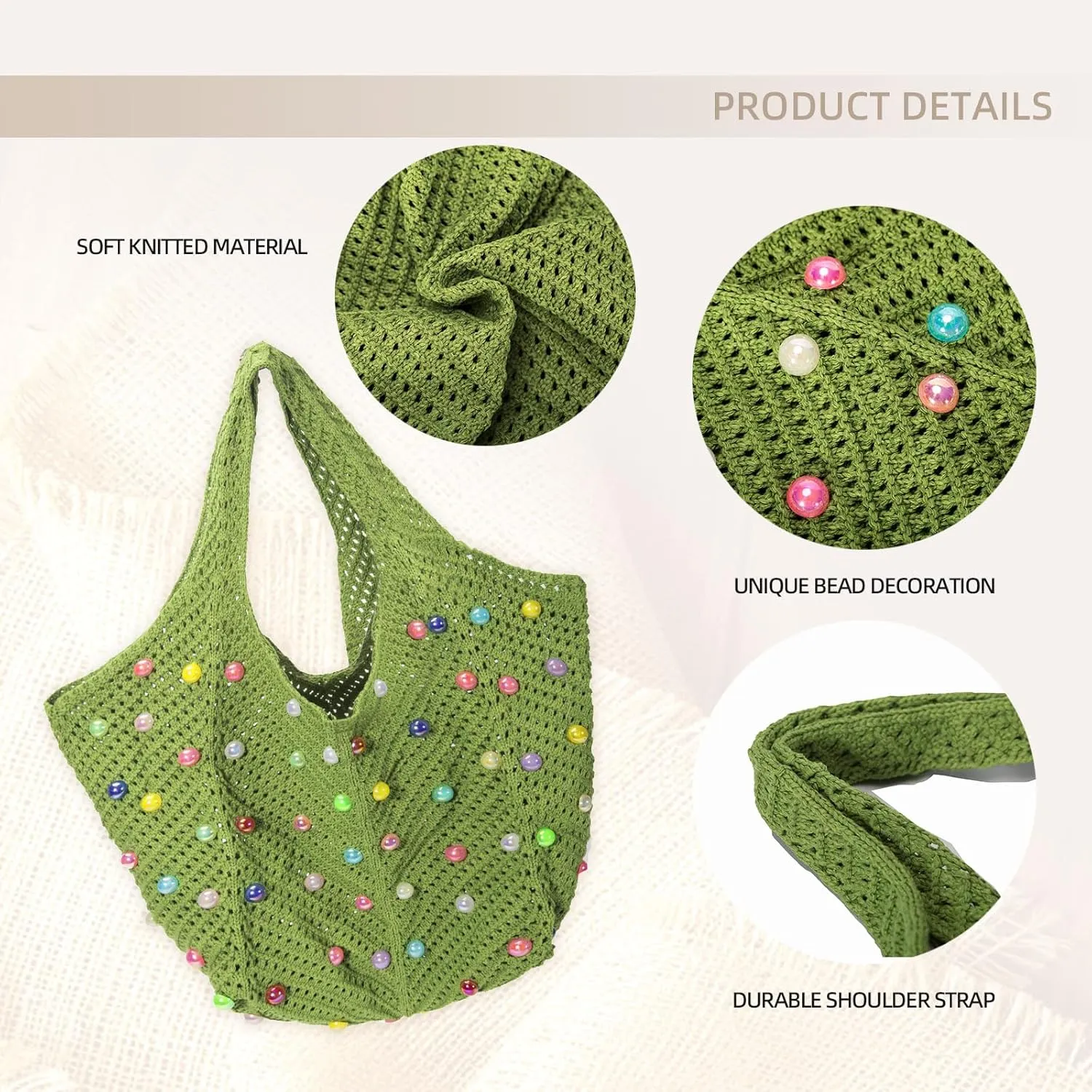 Iqimott Boho Crochet Beach Tote Bag for Women, Summer Knit Hobo Bag Shoulder Bag with Colored Beads, Casual Organizer Handbag