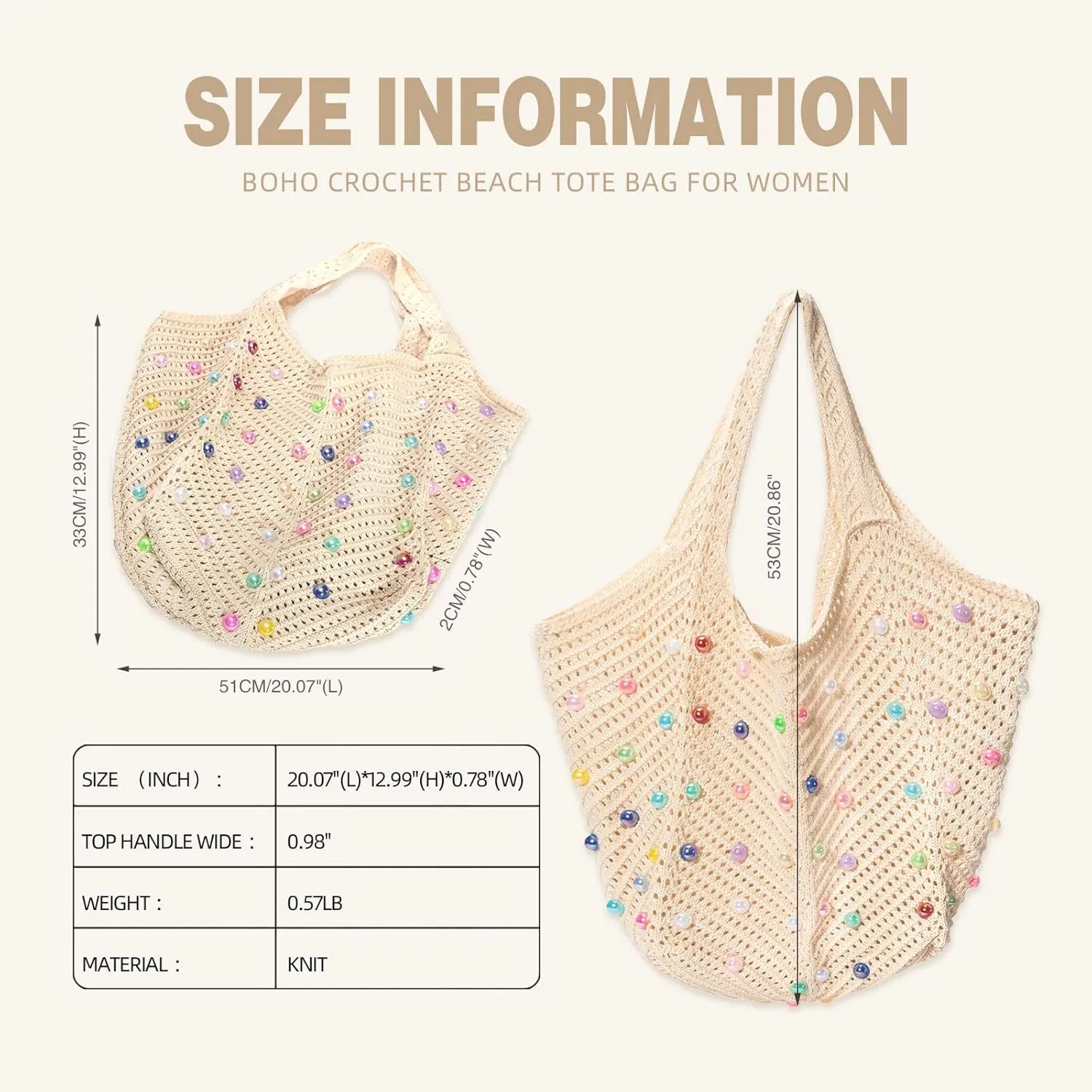 Iqimott Boho Crochet Beach Tote Bag for Women, Summer Knit Hobo Bag Shoulder Bag with Colored Beads, Casual Organizer Handbag