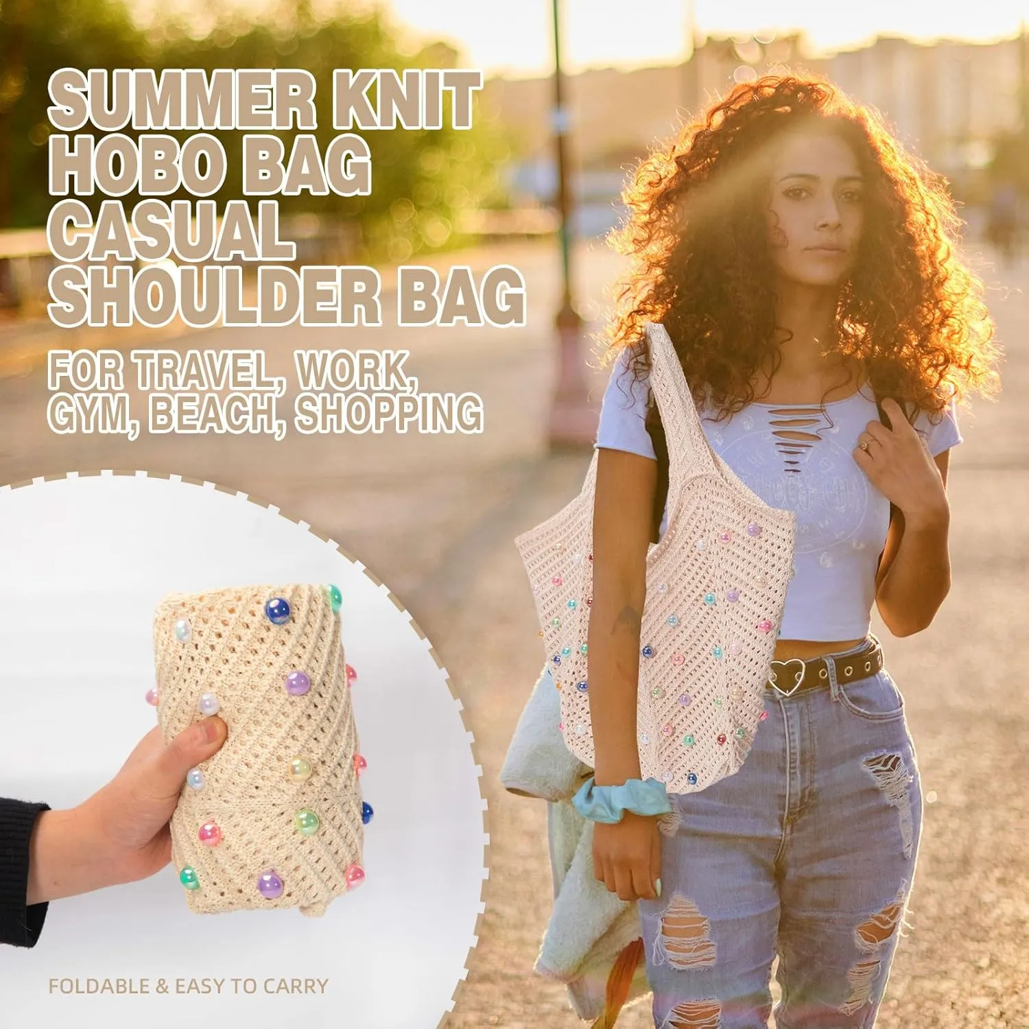 Iqimott Boho Crochet Beach Tote Bag for Women, Summer Knit Hobo Bag Shoulder Bag with Colored Beads, Casual Organizer Handbag