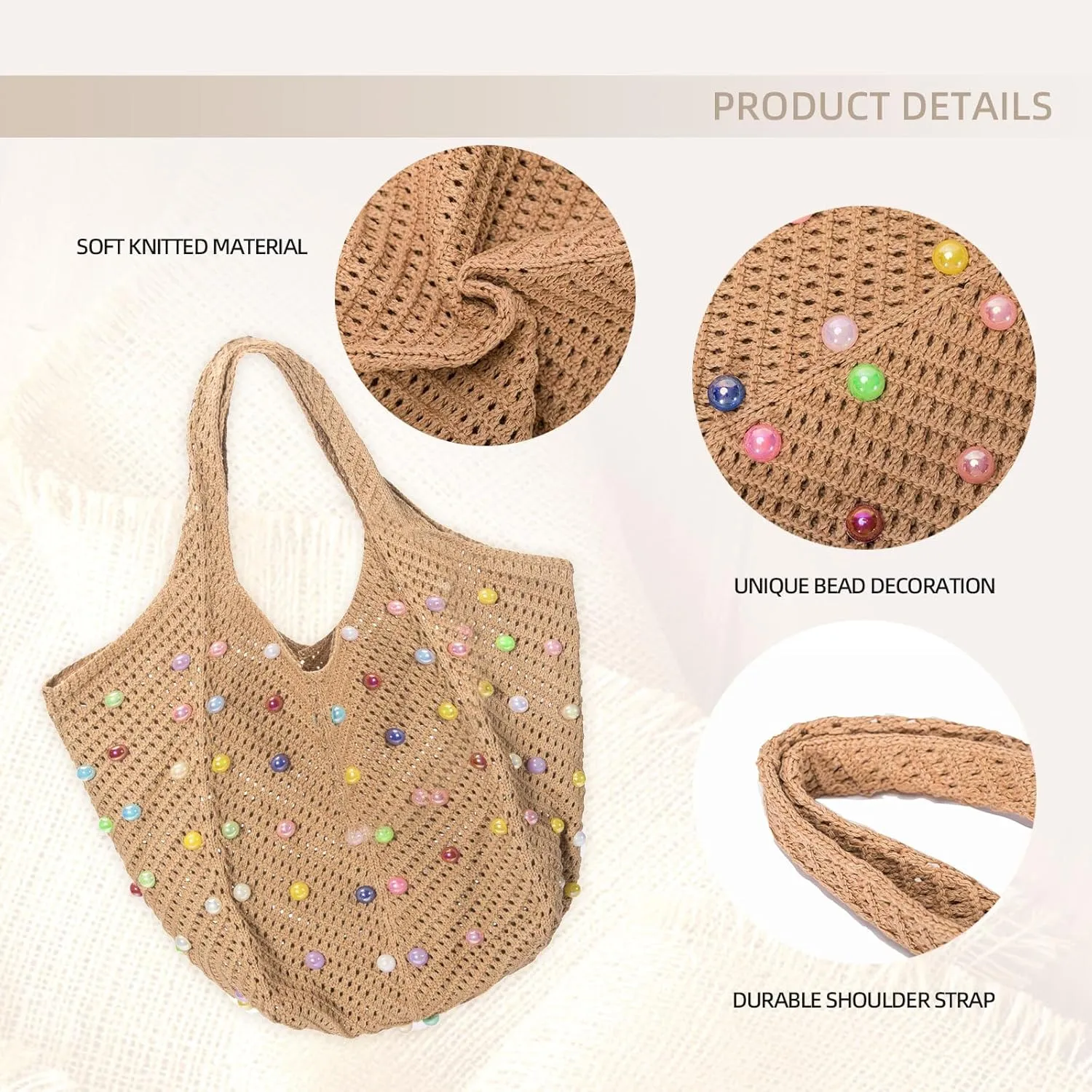 Iqimott Boho Crochet Beach Tote Bag for Women, Summer Knit Hobo Bag Shoulder Bag with Colored Beads, Casual Organizer Handbag
