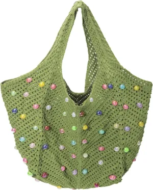 Iqimott Boho Crochet Beach Tote Bag for Women, Summer Knit Hobo Bag Shoulder Bag with Colored Beads, Casual Organizer Handbag