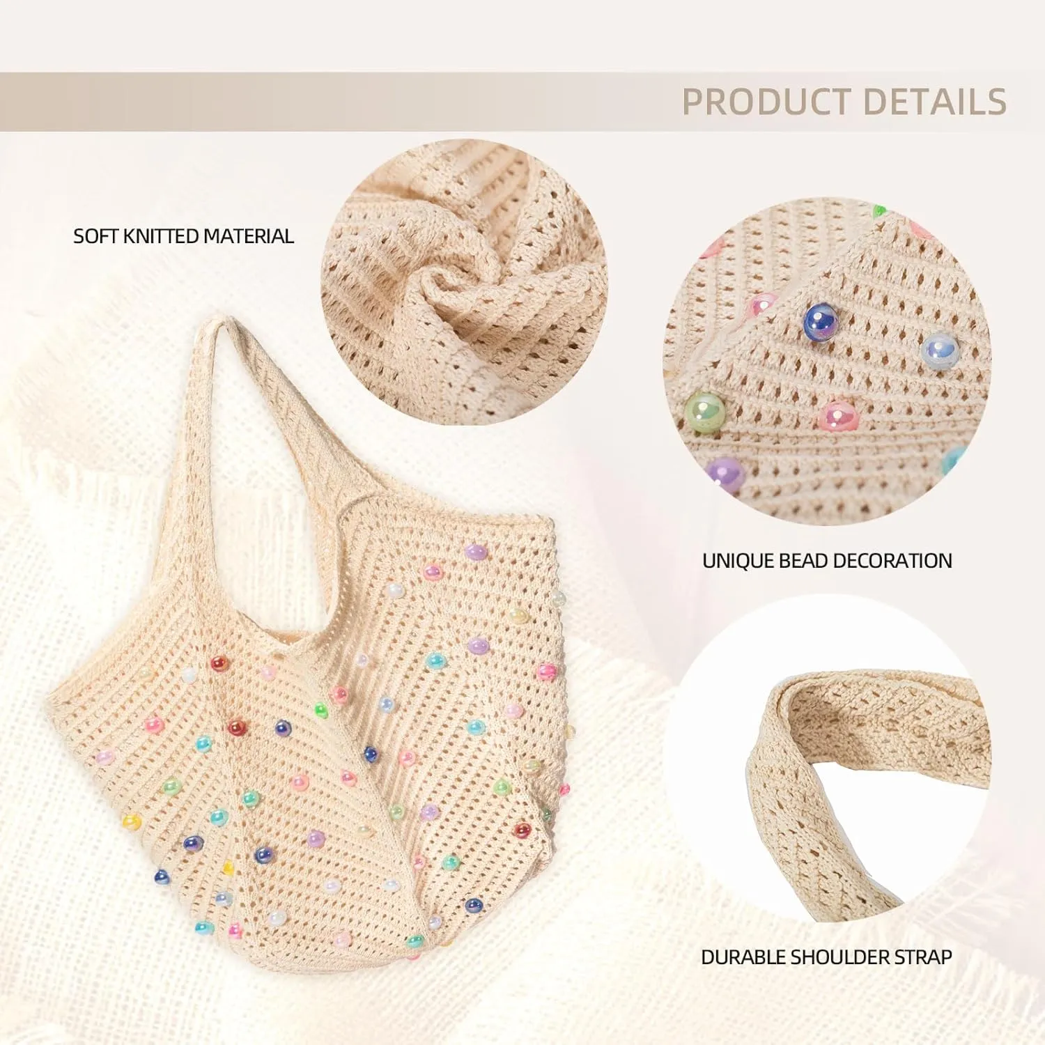 Iqimott Boho Crochet Beach Tote Bag for Women, Summer Knit Hobo Bag Shoulder Bag with Colored Beads, Casual Organizer Handbag