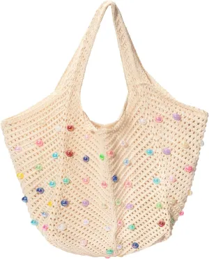Iqimott Boho Crochet Beach Tote Bag for Women, Summer Knit Hobo Bag Shoulder Bag with Colored Beads, Casual Organizer Handbag