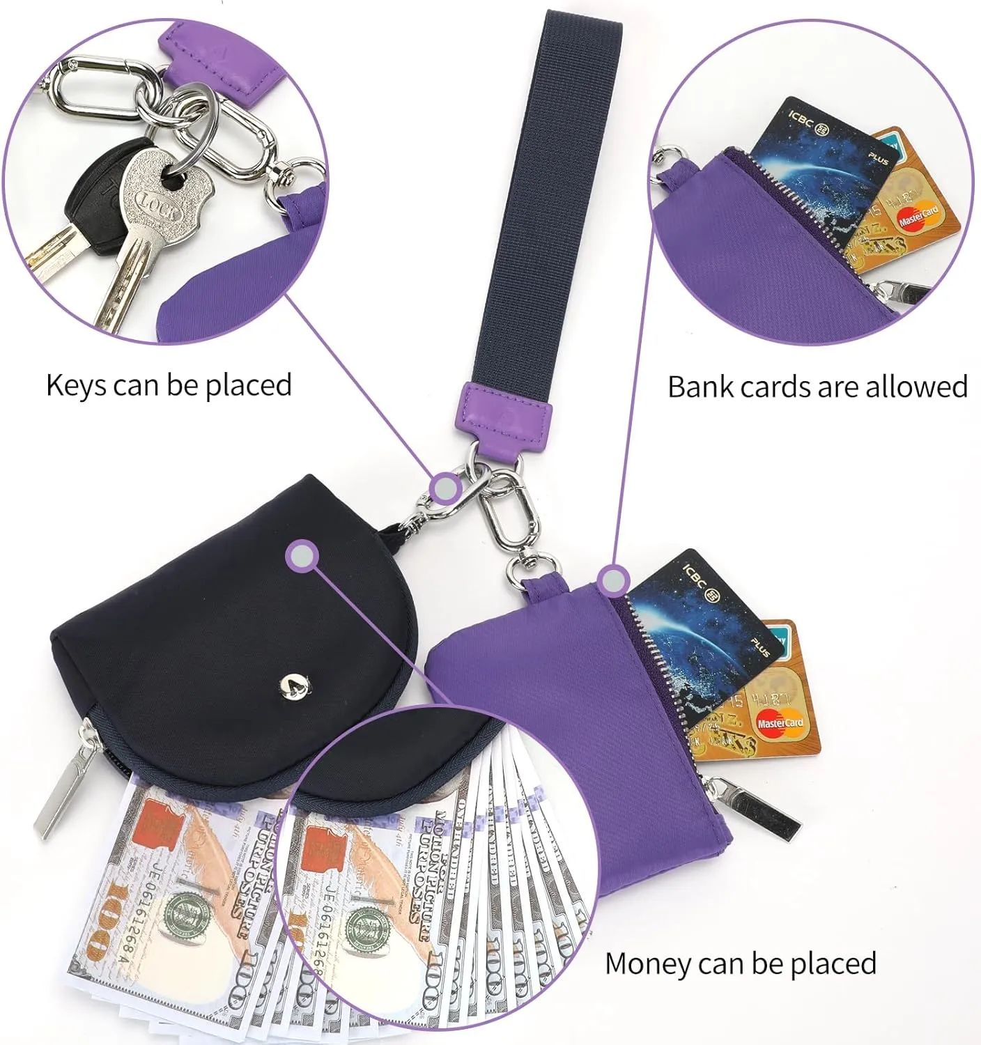 KeyChain Wallet Wristlet Wallets For Women Mini Zip Dual Pouch Wristlet