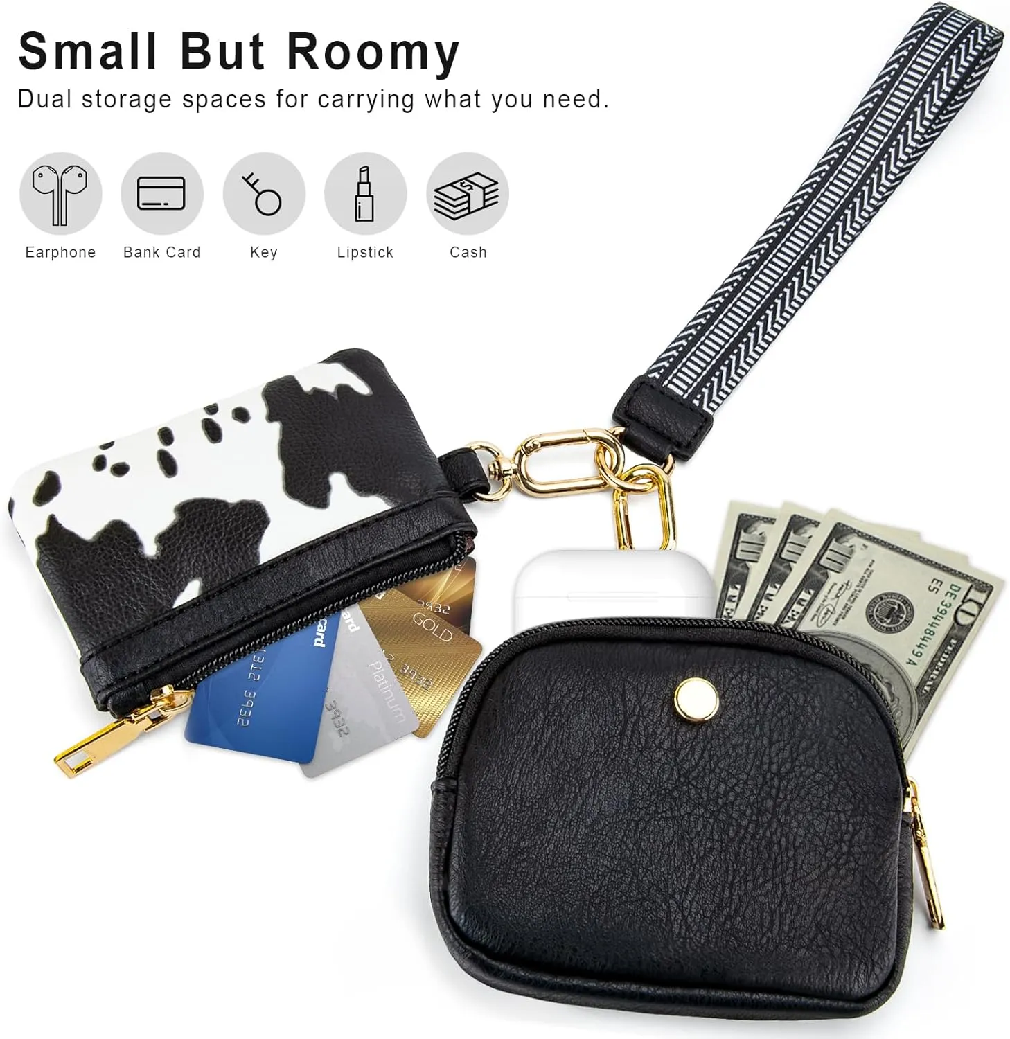 Keychain Wristlet Wallet for Women, Keychain Wallet with Soft PU Leather Mini Zip Dual Pouch Wristlet with Golden Keychain Portable Coin Purse for Girls Women, Black