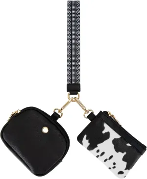 Keychain Wristlet Wallet for Women, Keychain Wallet with Soft PU Leather Mini Zip Dual Pouch Wristlet with Golden Keychain Portable Coin Purse for Girls Women, Black