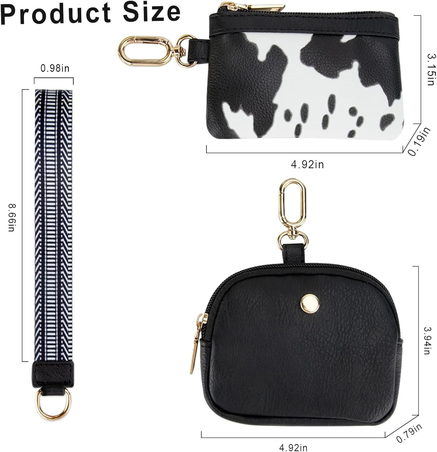 Keychain Wristlet Wallet for Women, Keychain Wallet with Soft PU Leather Mini Zip Dual Pouch Wristlet with Golden Keychain Portable Coin Purse for Girls Women, Black