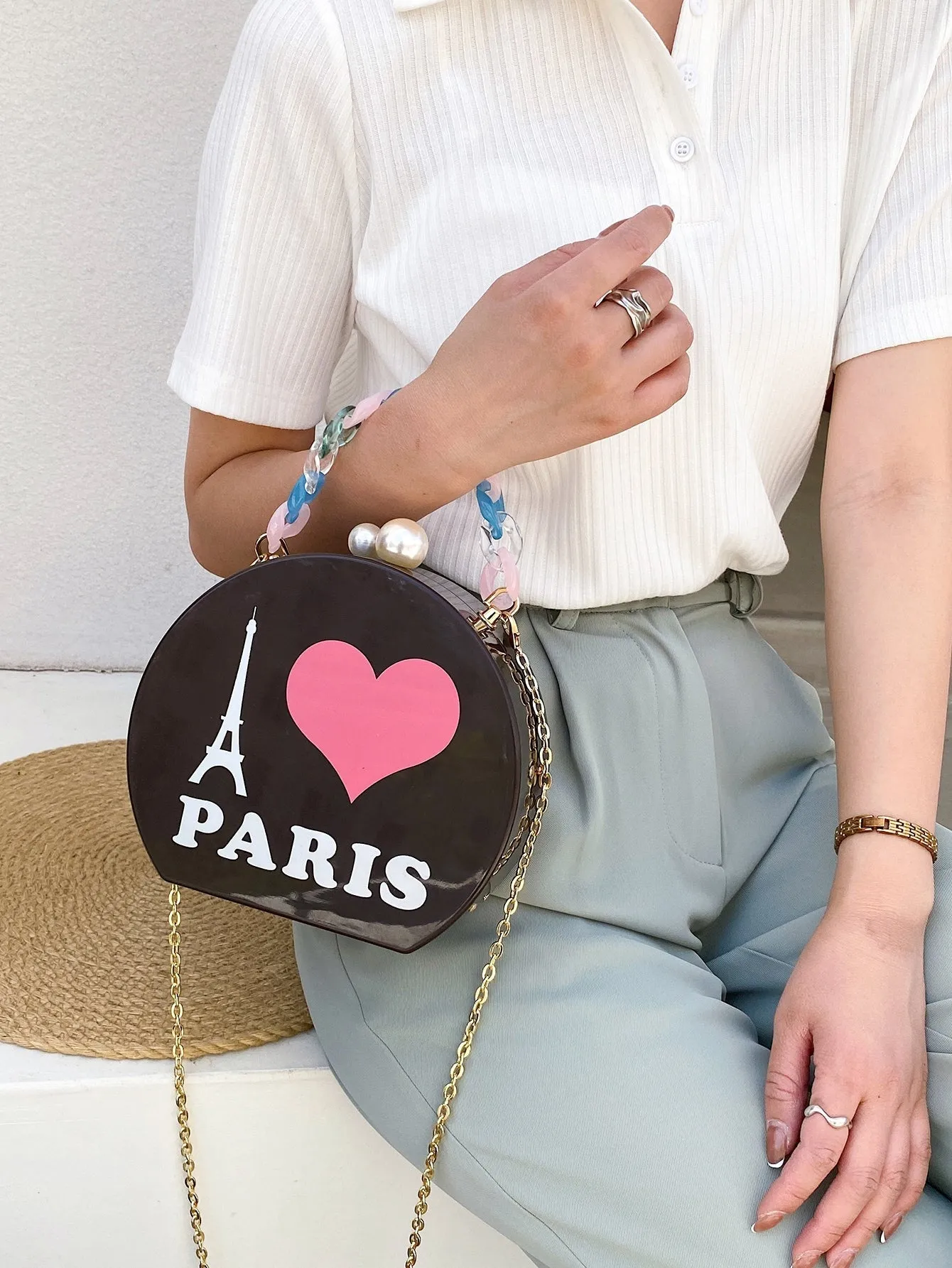 Letter & Heart Graphic Chain Box Bag