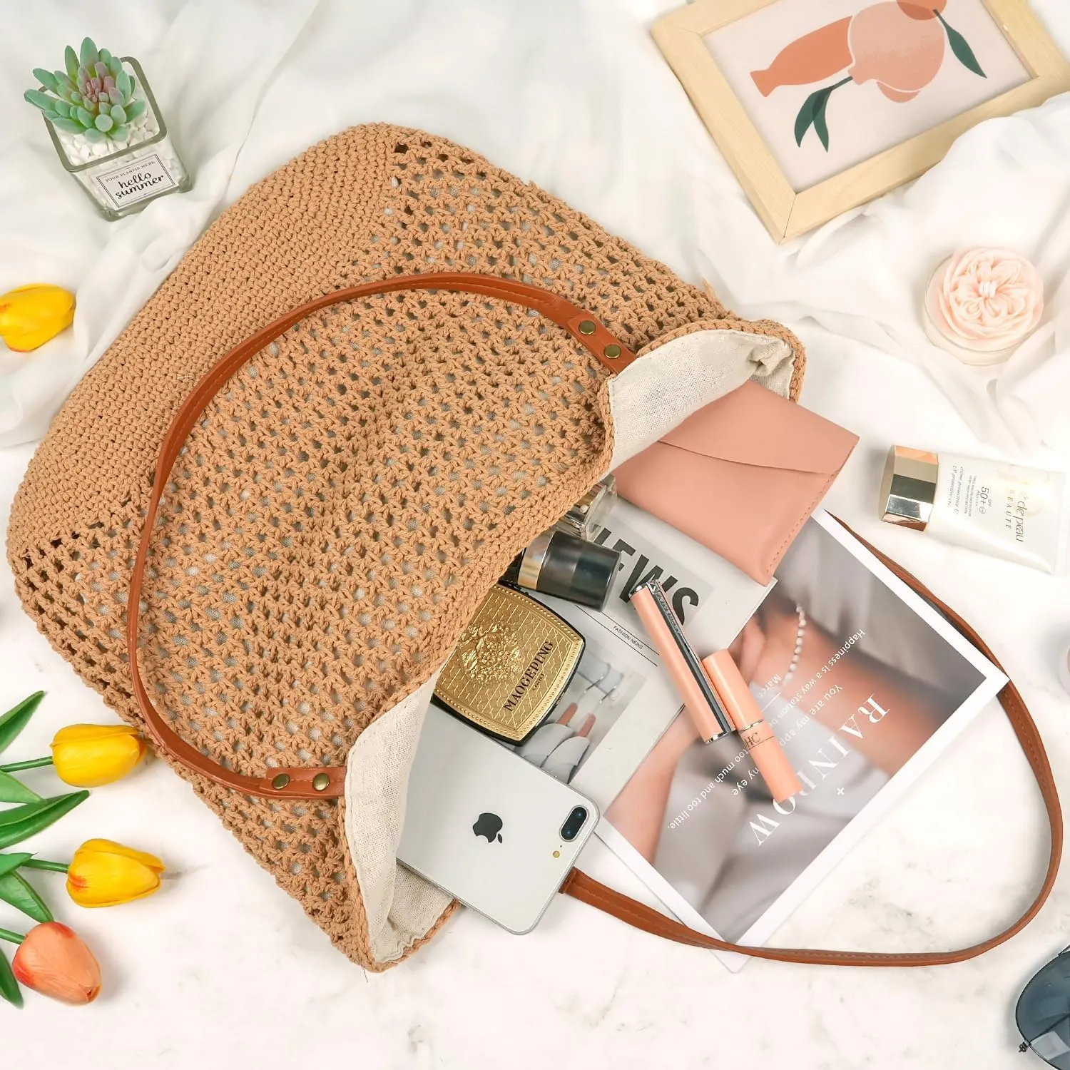 MAMUNU Crochet Tote Bag for Women, Summer Mesh Beach Tote Bag, Aesthetic Knit Tote Bag Shoulder Handbag for Travel Vacation
