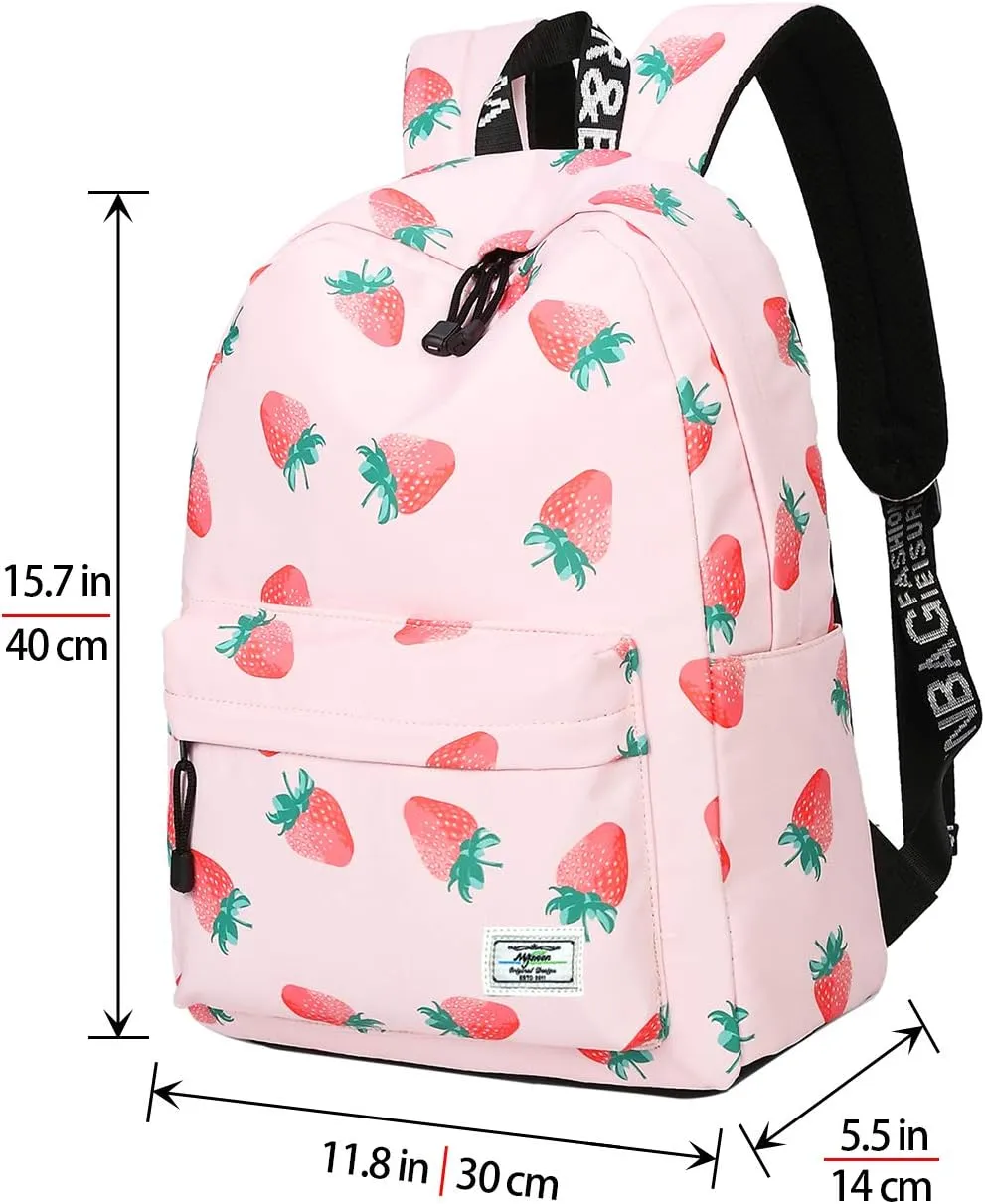MIRLEWAIY Pink Strawberry Backpack for School Girls Lightweight Teen Primary Bookbag, Pink Strawberry