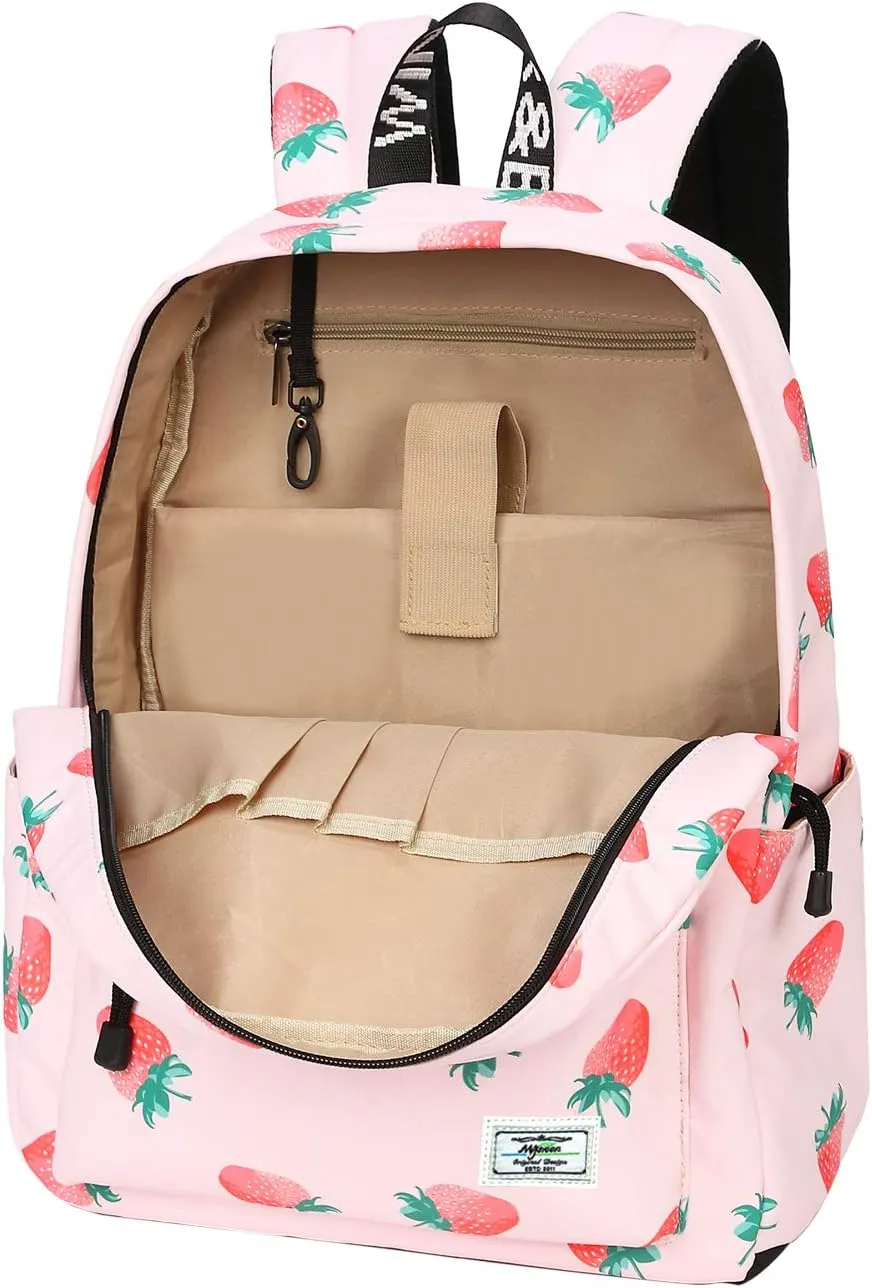 MIRLEWAIY Pink Strawberry Backpack for School Girls Lightweight Teen Primary Bookbag, Pink Strawberry