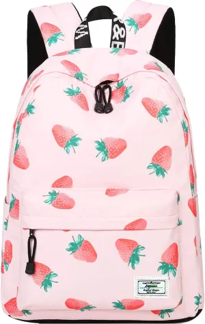 MIRLEWAIY Pink Strawberry Backpack for School Girls Lightweight Teen Primary Bookbag, Pink Strawberry