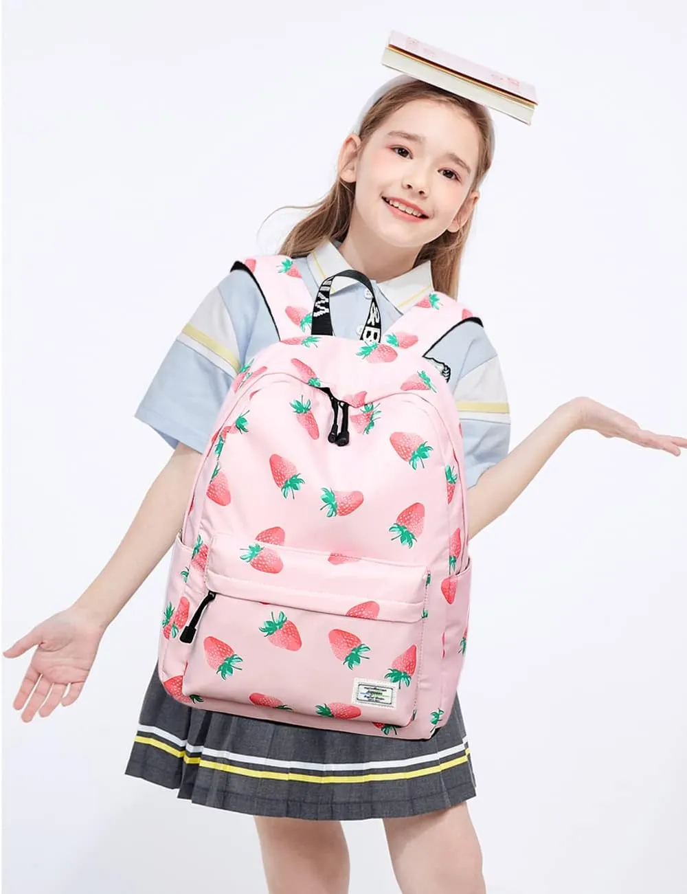 MIRLEWAIY Pink Strawberry Backpack for School Girls Lightweight Teen Primary Bookbag, Pink Strawberry