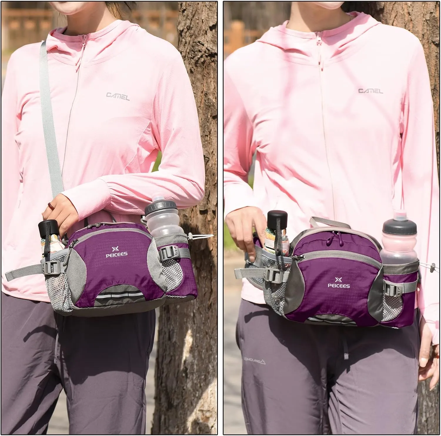Peicees Hiking Fanny Pack Large Waist Bag for Men Women with Bottle Holder Water Resistant Lumbar Pack for Hiking Camping Fishing Outdoor (Bottle Not Included)