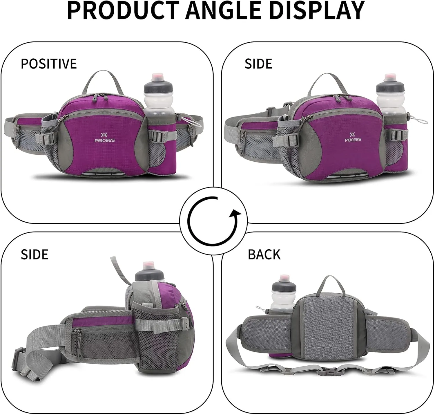 Peicees Hiking Fanny Pack Large Waist Bag for Men Women with Bottle Holder Water Resistant Lumbar Pack for Hiking Camping Fishing Outdoor (Bottle Not Included)