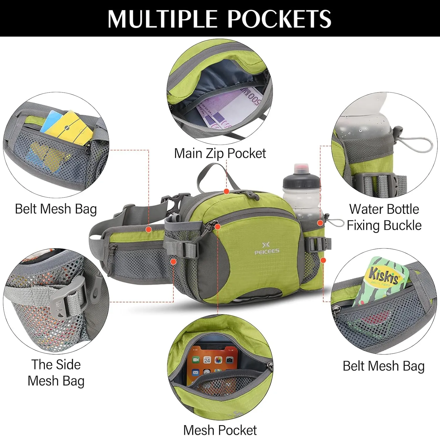 Peicees Hiking Fanny Pack Large Waist Bag for Men Women with Bottle Holder Water Resistant Lumbar Pack for Hiking Camping Fishing Outdoor (Bottle Not Included)