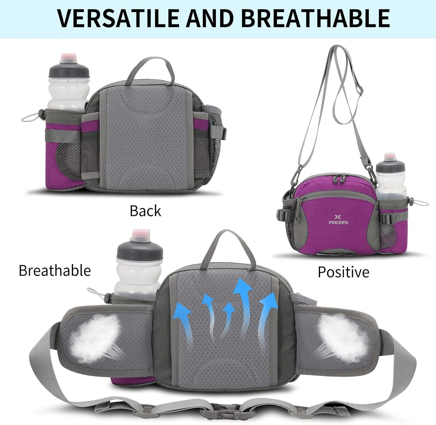 Peicees Hiking Fanny Pack Large Waist Bag for Men Women with Bottle Holder Water Resistant Lumbar Pack for Hiking Camping Fishing Outdoor (Bottle Not Included)