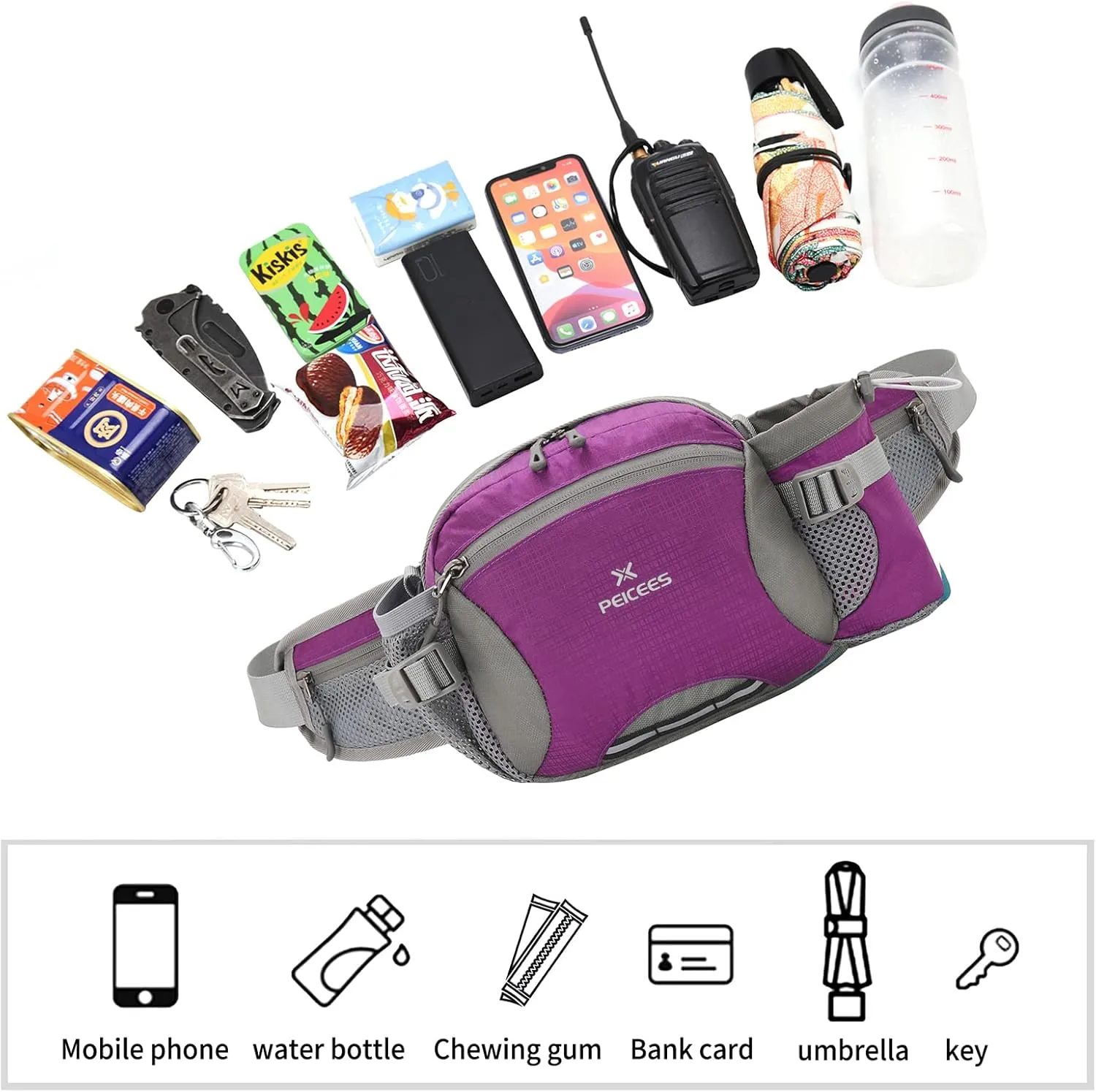 Peicees Hiking Fanny Pack Large Waist Bag for Men Women with Bottle Holder Water Resistant Lumbar Pack for Hiking Camping Fishing Outdoor (Bottle Not Included)