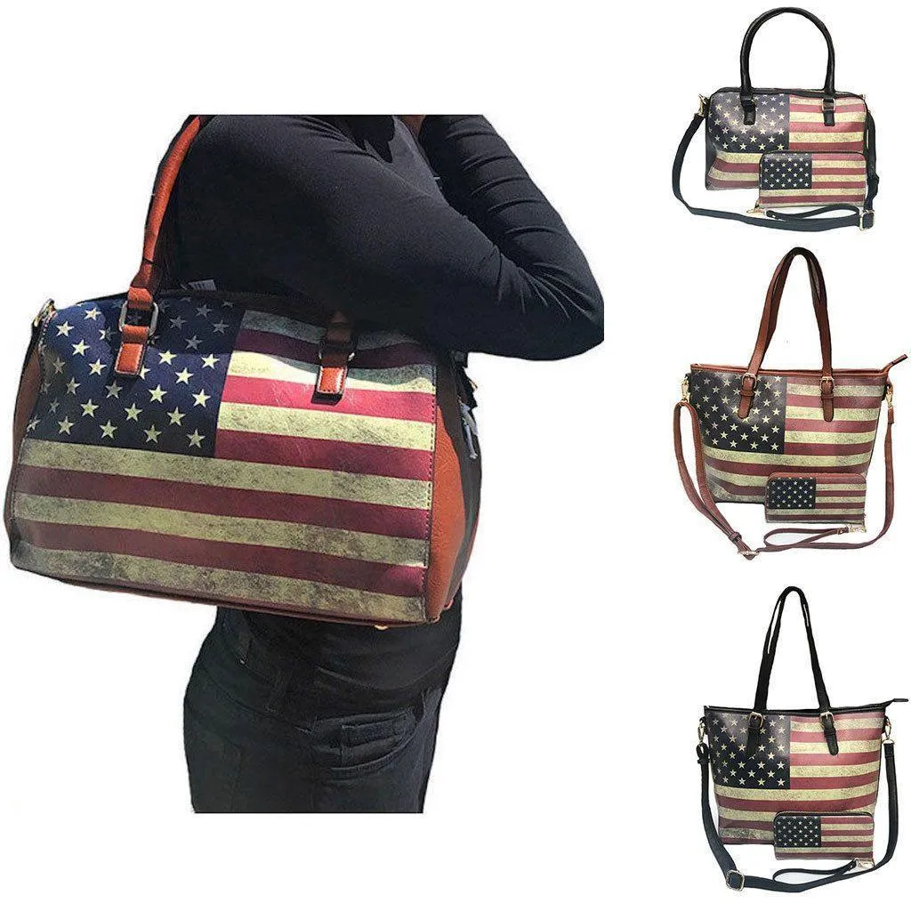 USA Flag Tote Satchel Handbag Wristlet Gift Set For Women Wife Mom Girlfriend